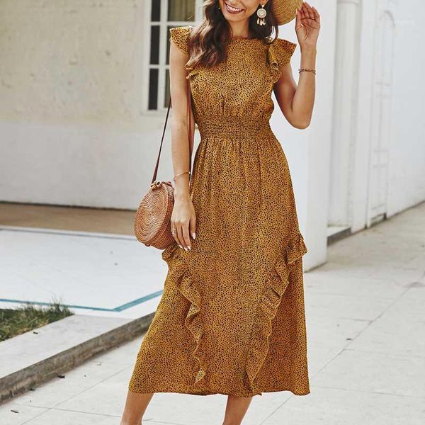 

casual dresses summer elegant wave point beach ruffles midi dress women 2021 fashion print dot ladies boho vacation vestidos1, Black;gray