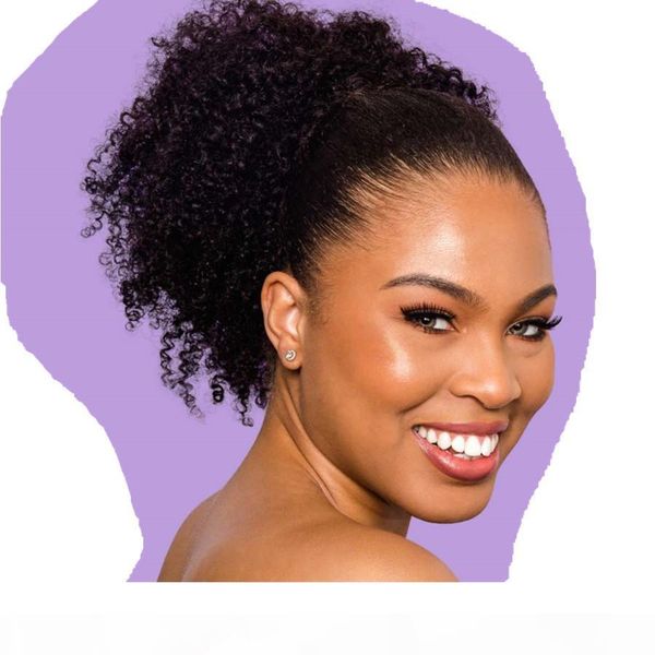 

100 human hair ponytail easy drawstring 4a texture clip in coily afro kinky curly ponytail fluff go puffs 120g, Black