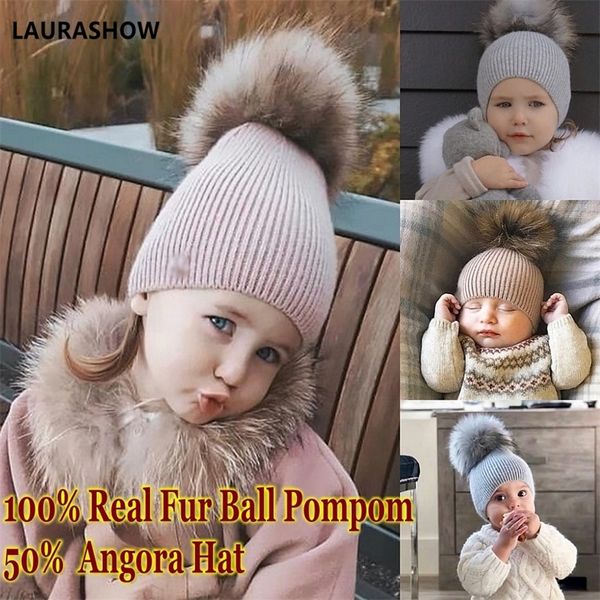 

laurashow autumn winter baby beanie 15-16cm real fur pompoms warm sleep wool cap kids clothing accessories hat y201024, Blue;gray