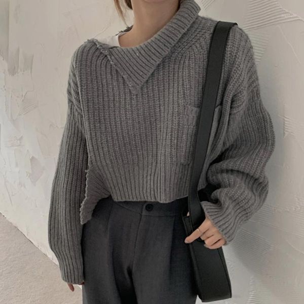

sweater 2020 autumn new style short pullover long sleeve loose single plain  street style design lapel sweater women1, White;black