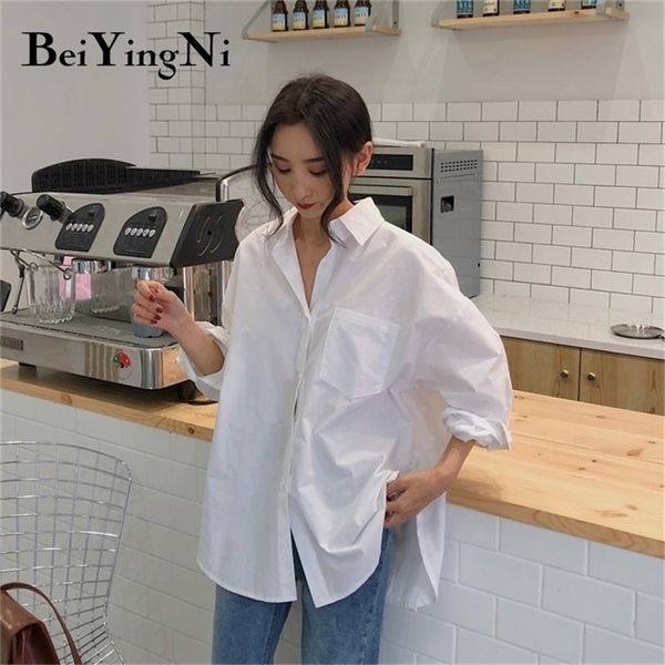 

beiyingni spring autumn women shirts white plain loose oversized blouses female bf korean style blusas pockets 220307