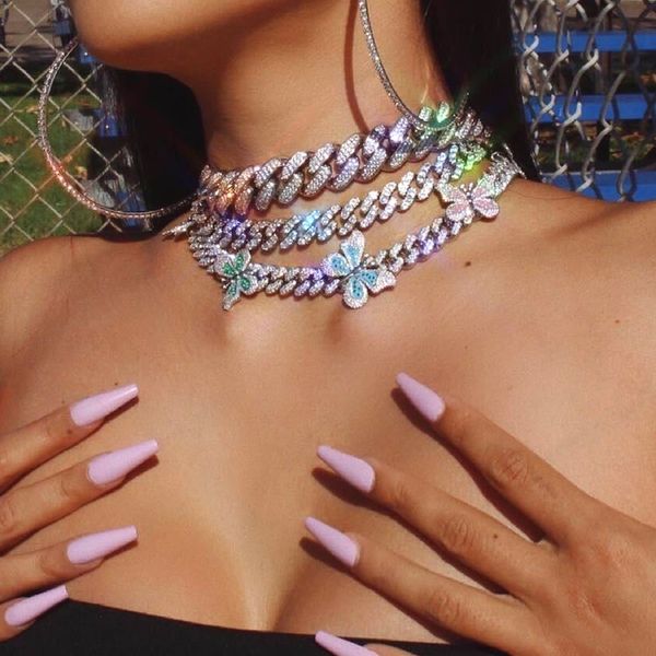 

new multicolor enamel cz butterfly necklace 12mm iced out bling cz miami cuban link chain butterfly choker hip hop women jewelry t200821, Silver