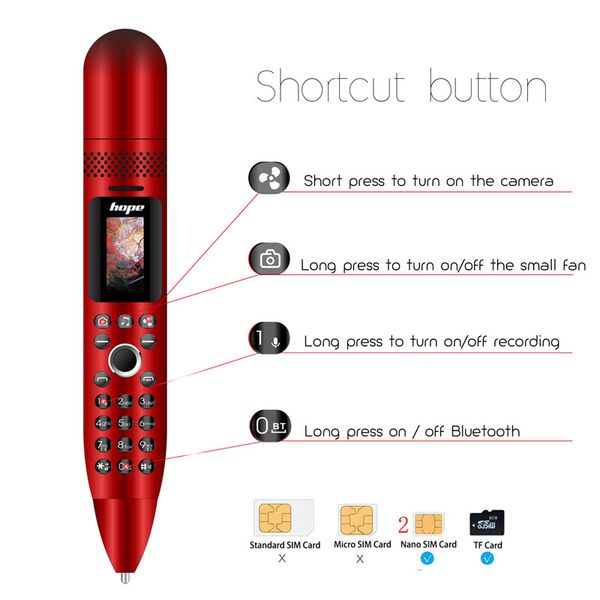 AK008 Mini Pen Mobile Phone Bluetooth Dialer Сотовые телефоны Двойной SIM -карт Telefono Moviles International Bands музыкальная запись электронная камера вентилятора маленькие Celulares Girl