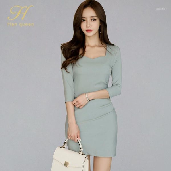 

h han queen 2020 new o-neck solid color sheath dress women summer ruched draped pencil dresses party mini bodycon vestidos1, Black;gray