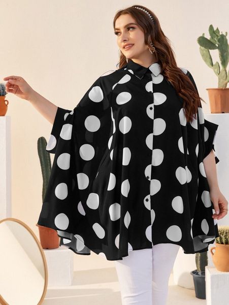 

plus button front batwing sleeve polka dot shirt h8ep#, Black