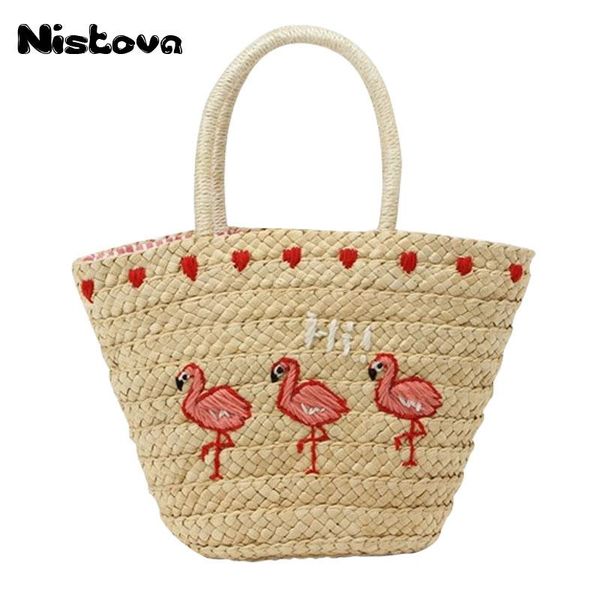 

new embroidery women's drawstring handbag large straw shoulder bag fashion classic straw summer beach bags woven bag
