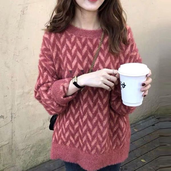 

2020 loose sweater women autumn winter knitted sweater red knit geometric pullover girl casual sweet new year jumper, White;black