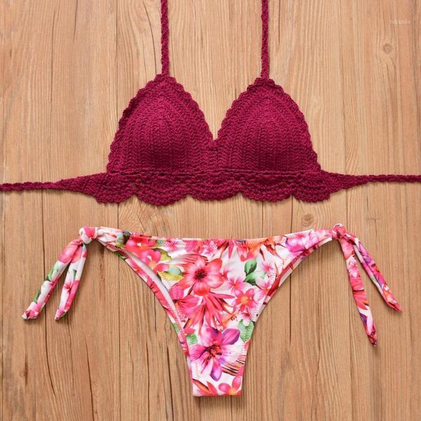 

bikinis set 2021 triangle bikini woman hollow out swimsuit crochet wine red swimming floral pant female swimwear1