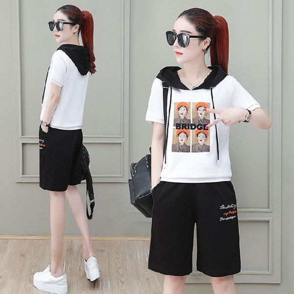 

as8ig fashion printed suit sports women's summer loose suit western style sports casual wear hooded short-sleeved casual wear two-piece, Gray