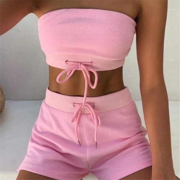 

yoga outfits women 2021 summer slash neck bandeau crop drawstring shorts set gym fitness running workout leggings sportswear1, White;red