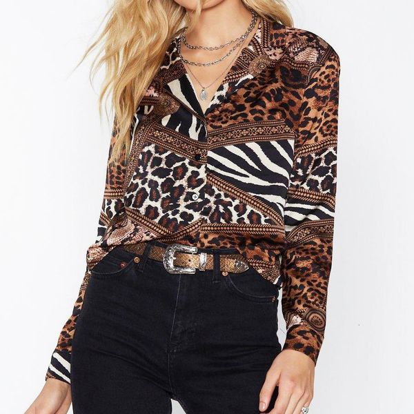 

2021 patchwork womens chiffon and blouses vintage long sleeve turn down shirts fashion animal print autumn blouse ladies blusas, White