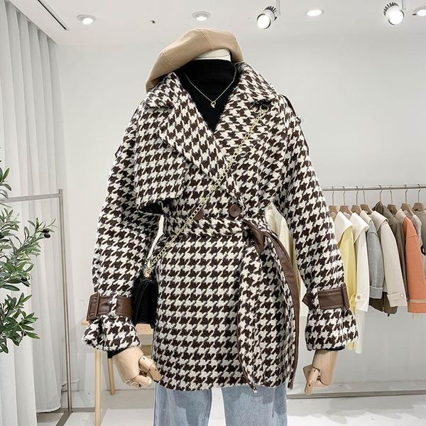 

bella philosophy 2020 houndstooth female overcoat elegant all-match turn down collar woolen coat vintage plaid sashes outwears, Black