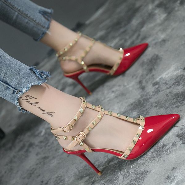 

red hong kong fashion rivet high-heeled shoes women's superfine heel 2020 new pointed versatile yellow baotou button, Black