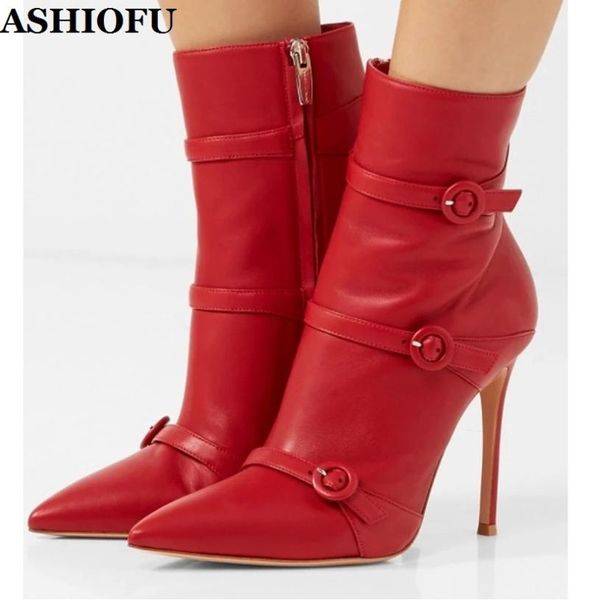 

ashiofu new 2020 handmade ladies high heels boots three-buckle straps party prom ankle booties pointed-toe fashion boots, Black
