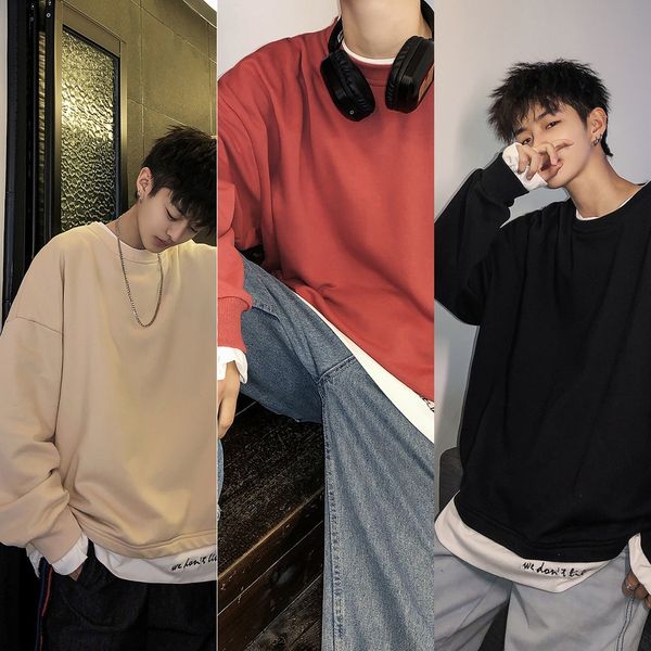 

spring and autumn round neck sweatercoat sweatersweater men's fake two-piece pullover coat student hip hop loose korean fashion men&#03, Black