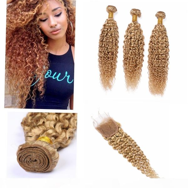 

brazilian honey blonde bundles with closure 4" * 4" # 27 color blonde bundles with closure kinky curly, Black;brown