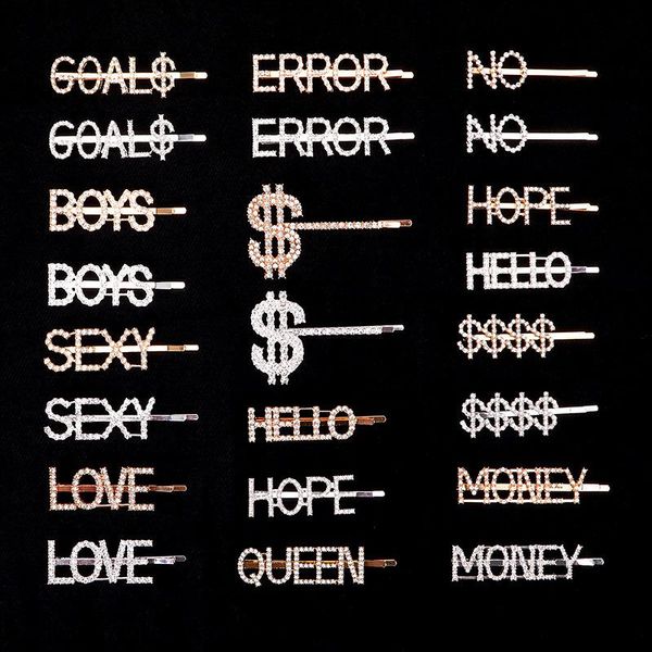 

crystal rhinestone letter hair clips new 18 words girl hairpin diamond words barrettes fashion bangs clip woman hair accession, Slivery;white
