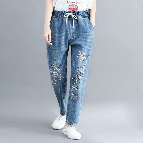 

women's jeans plus size embroidery woman spring summer elastic waist mom harem pants women vaqueros mujer denim jean femme c61091, Blue