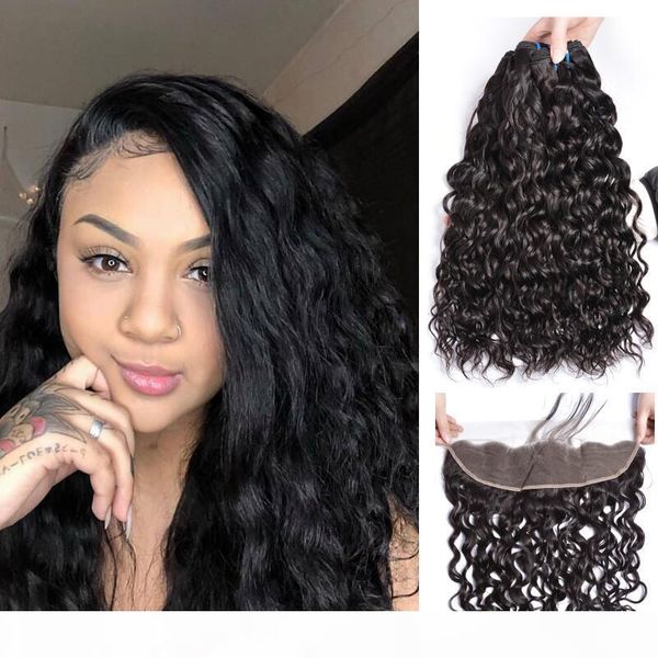 

перуанская волна вода влажные и волнистый человек связка волос с 13x4 уха до уха кружево фронтальной straight расширение человеческих волос, Black