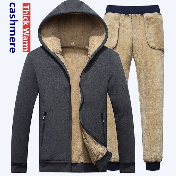 Inverno uomo set caldo giacca con cappuccio spessa + pantaloni 2 pezzi set uomo agnello cashmere con cappuccio cerniera tuta uomo tuta sportiva plus size 6xl 201201