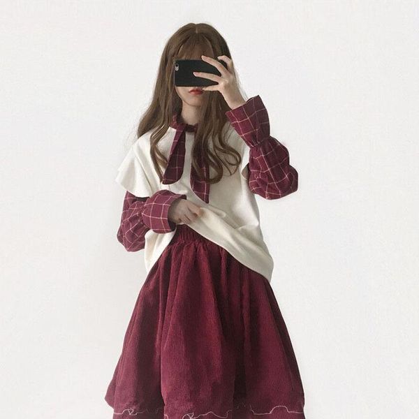 

sweet women's 2 pcs set: patchwork long sleeve shirt + embroidery skirt / pompoms trim trousers cute spring women fashion girl1, White