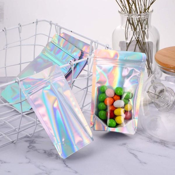 

storage bags 50pcs laser aluminum foil mylar pouch clear hologram rainbow stand up plastic packaging bag with r notch1