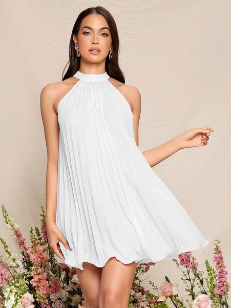 

tie back pleated halter dress 97ce#, Black;gray