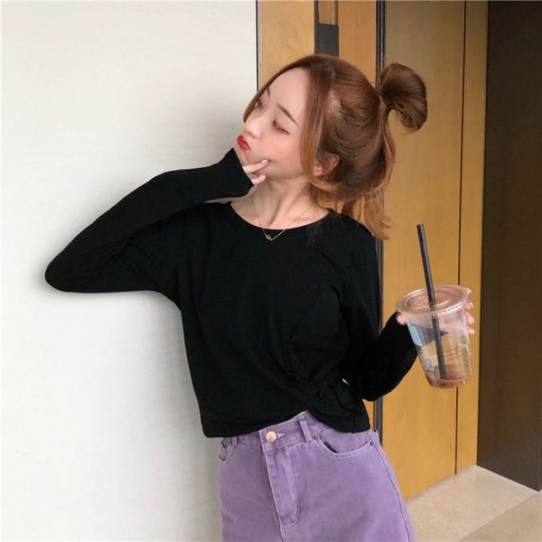 

xry5p autumn 2020 long sleeve fsmwp women's solid coat t-shirt color high waist exposed navel short knot kink slim fashion t-shirt, White