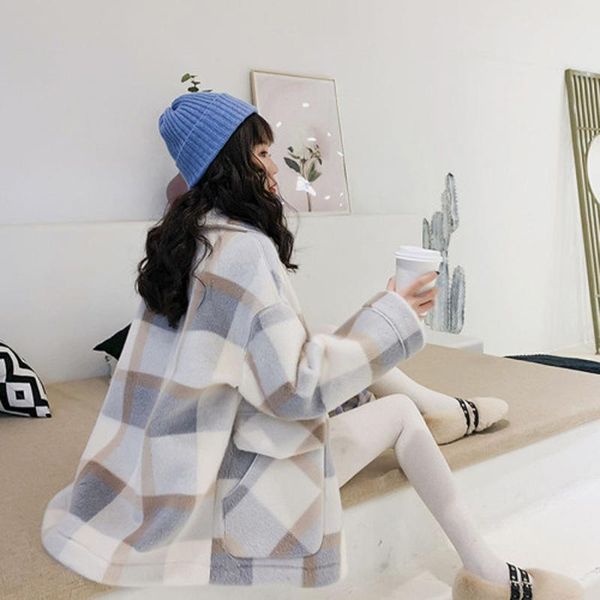 

bottle the new 2020 autumn/winter students fluffy little sweet wind brief paragraph coat lattice female little lambs wool coat, Black