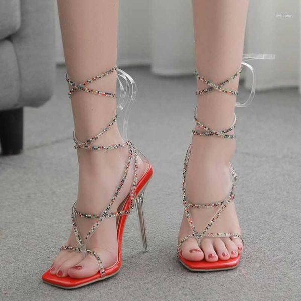 

summer latest rhinestone transparent sandals shoes women clip toe crystal high heel shoes cross strap fashion sandals girl1, Black