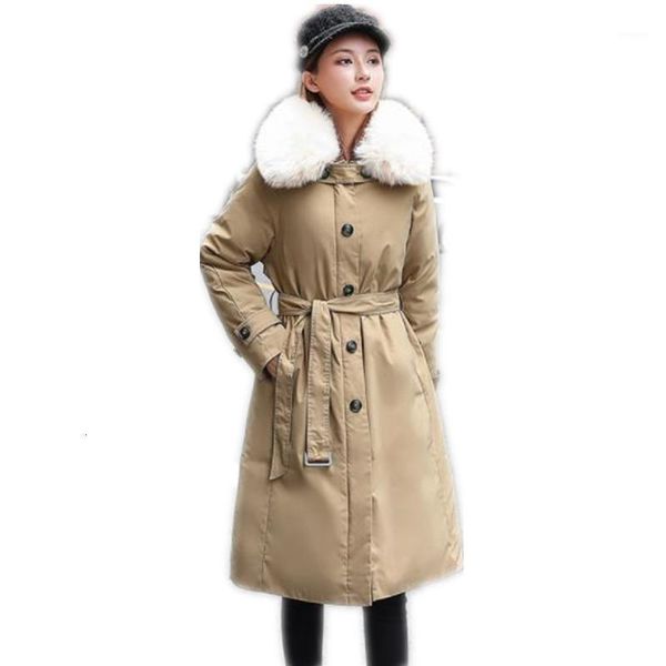 

winter women jacket 2019 office lady winter women parkas down cotton coat fur collar button slim snow wear with belt h0571, Black