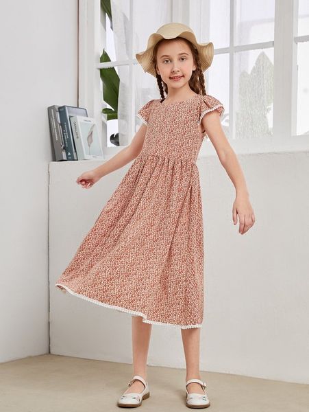 

girls ditsy floral cap sleeve zip back dress she, Red;yellow