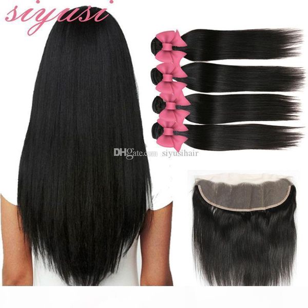 

13*4 lace frontal closure with bundles brazilian virgin hair straight with closure brazilian body wave ear to ear lace frontal closure and b, Black;brown