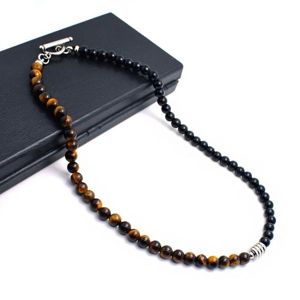 

choker natural tiger eye stone men bead necklace mixed black stainless steel surfer gifts for him js-03, Golden;silver