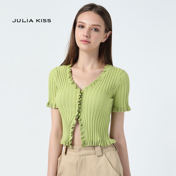 

women ruffle trim crop knit cardigan with short sleeve deep v neck crop knit 201111, White;black