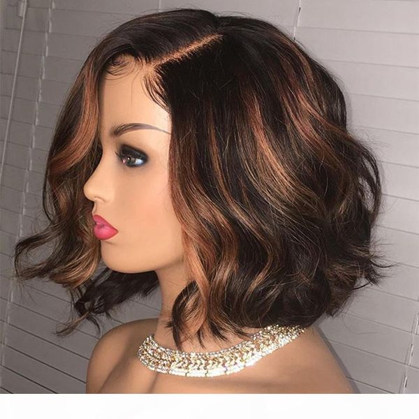 

wavy highlight blonde brown 13x6 lace front human hair wigs short bob pre plucked 360 frontal silk base full lace wig u part wig, Black;brown