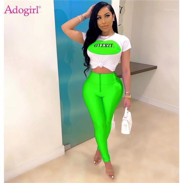 

adogirl s-3xl lip letter print women casual two piece set o neck short sleeve crop pencil pants female tracksuits1, White