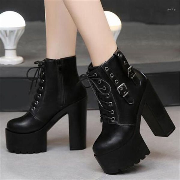 

shoes woman pumps waterproof wedding party shoes pu lace up 14cm thick high heels round toe platform dress women 20201, Black