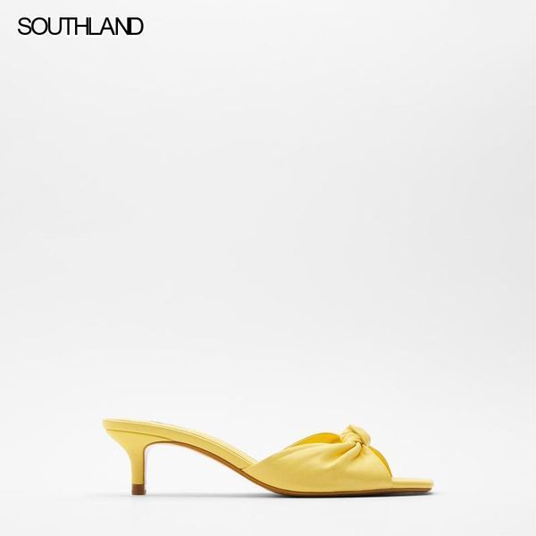 

sandals southland 2021 summer women's slipper yellow square toe knot thin heel slide leather women brand shoes1, Black
