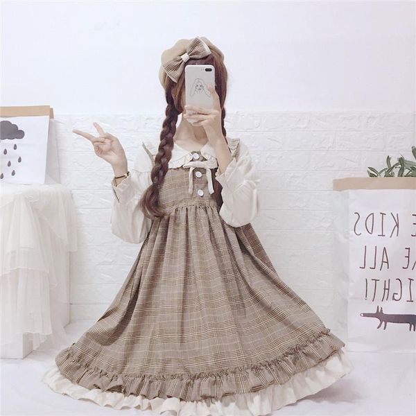 

2021 new japanese doll collar ruffled full sleeve mididressgothic lolita women soft sweet cute dress fdvm, Black;gray