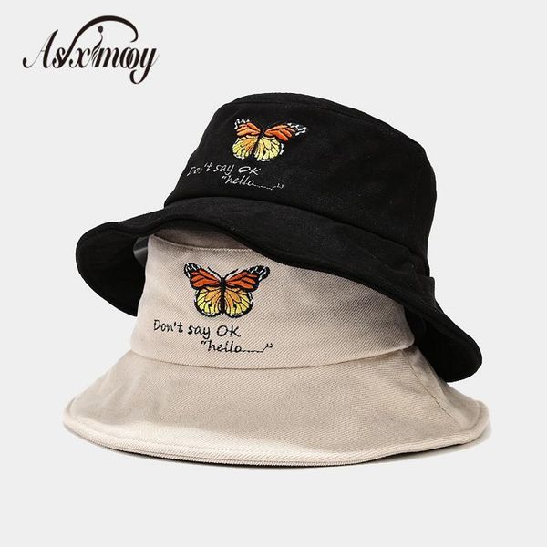 

wide brim hats bucket hat female caps women butterfly embroidery basin chapeau autumn winter thick warm sun fisherman 2021, Blue;gray