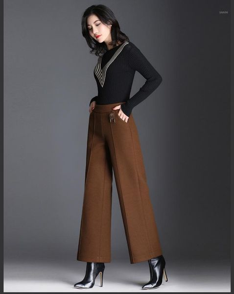 

new high waisted women woolen wide leg pants loose black ankle-length trousers casual solid pockets wool pants for women1, Black;white