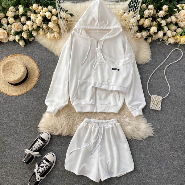 

2021 new fried street fashion suit casual hooded sweater cardigan jacket all-match short vest high waist wide leg shorts wnpp, Gray