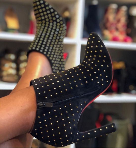 

[Original Box] Winter Fashion Brands Women's Booties Red Bottom Eleonor Ankle Boots Pointed Toe Red Sole Ladies High Heels Wedding Party, Black