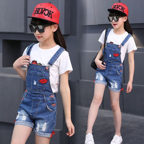 

girls fashion denim jeans suspender shorts red lips denim overall baby jumpsuit casual girls summer overalls children clothing y200704, Blue