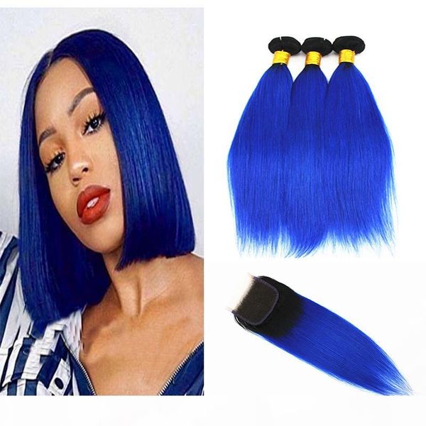 

color 1b blue straight hair bundles with 4x4 hair closure part brazilian virgin human hair weaves 10-18 inches, Black
