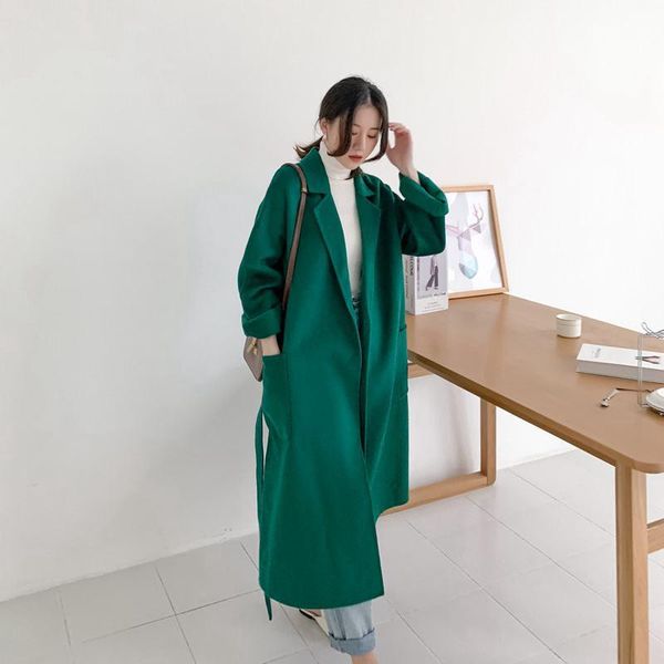 

loose belt 2021 water ripple 100% wool coat, Black