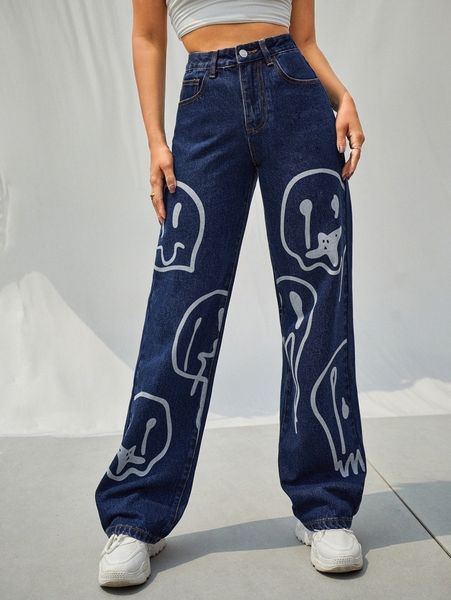 

high waist cartoon graphic wide leg jeans 84yz#, Blue