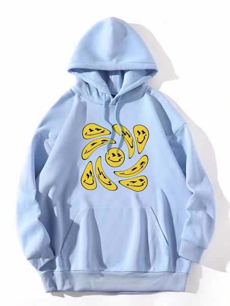 

smile face print drawstring thermal lined hoodie v9lw#, White;black