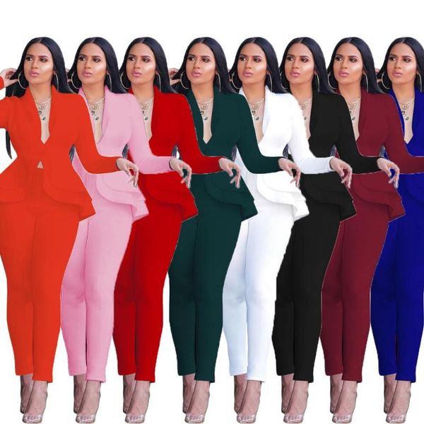 

women v neck and skinny pants set 2 two piece set elegant office ladies workwear outfits casual tracksuit plus size, Gray